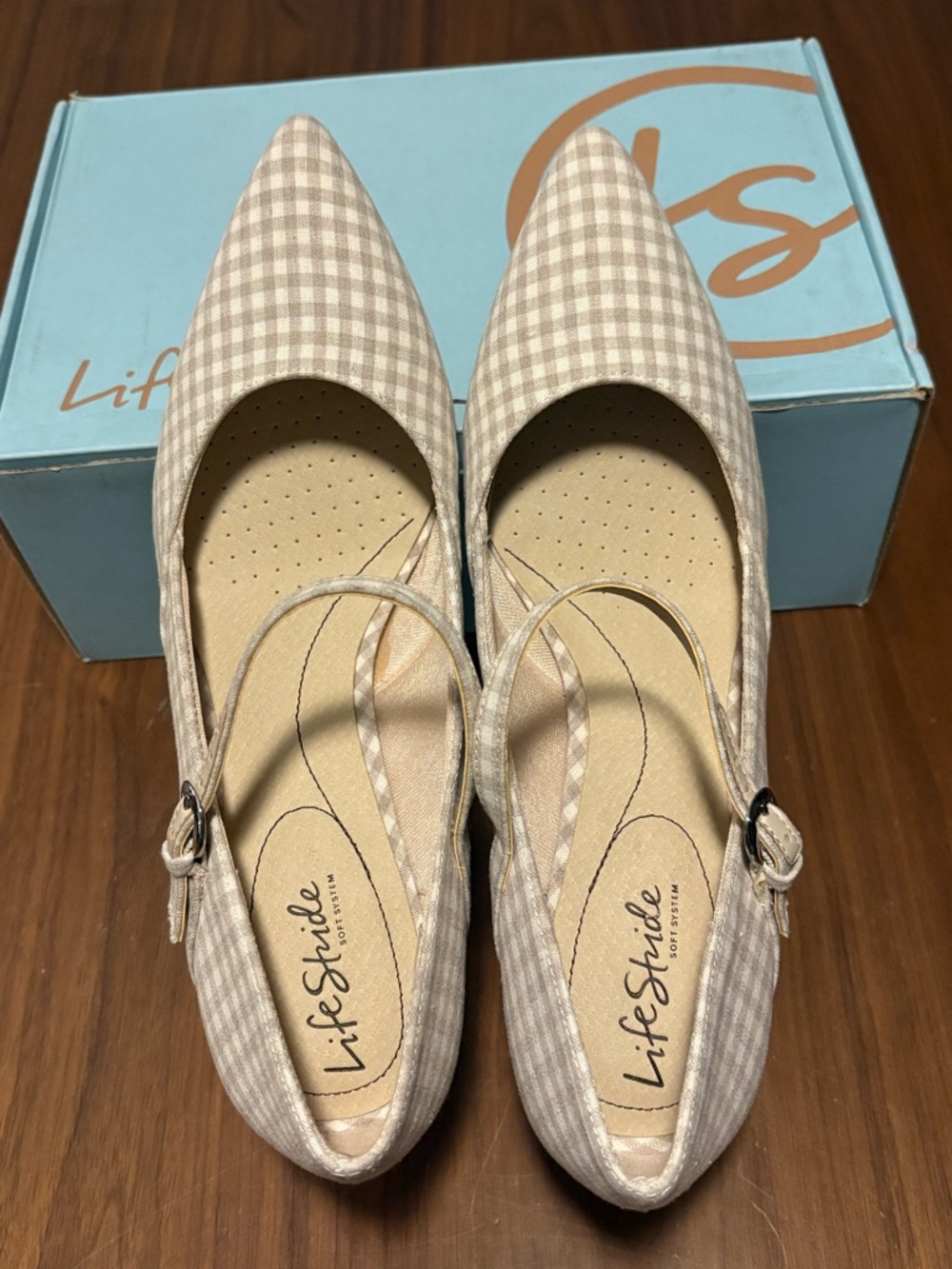 Life Stride Beige Gingham Mary Jane Heels - Picture 2 of 9